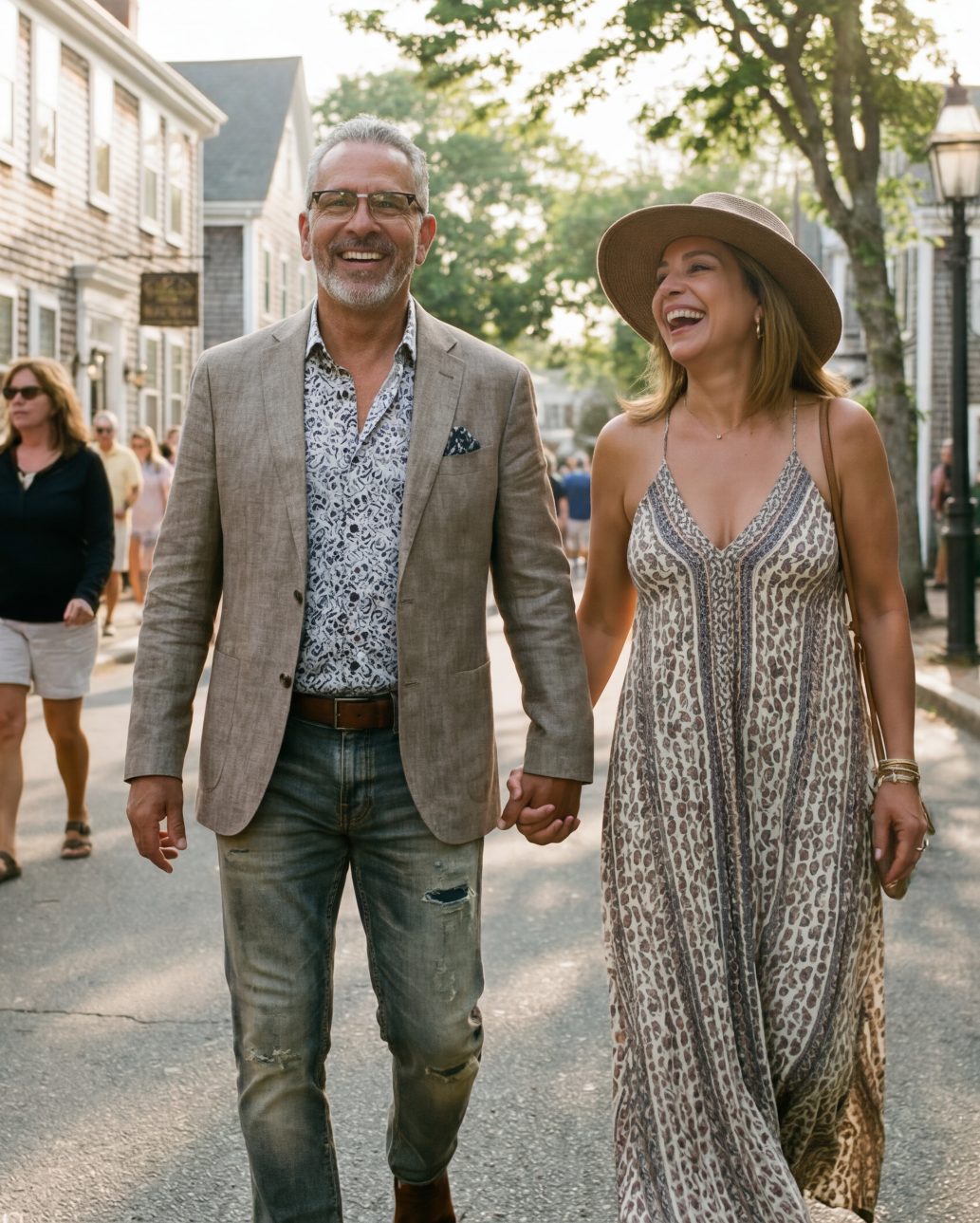 A smiling couple walks hand-in-hand down a sunlit town street. The man wears Legato Aria frames.