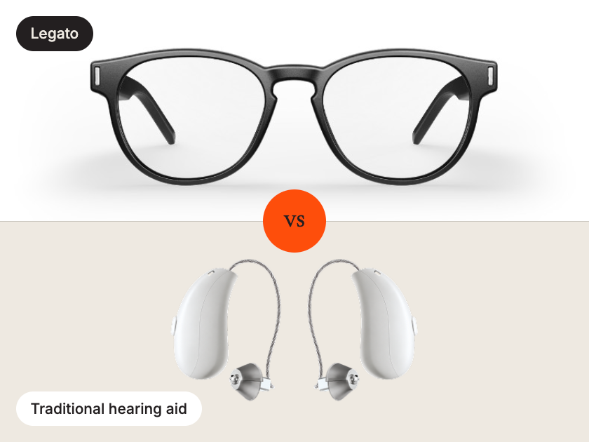 Legato hearing glasses compared with a pair of traditional behind-the-ear hearing aids